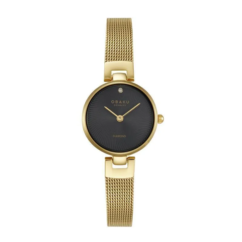 Jam tangan wanita PROSLOT Obaku Diamant Petite dengan dial hitam dan strap mesh stainless steel mewah